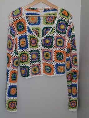 Ghanda Multicolour Granny Square Crochet Cropped Cardigan - Size S